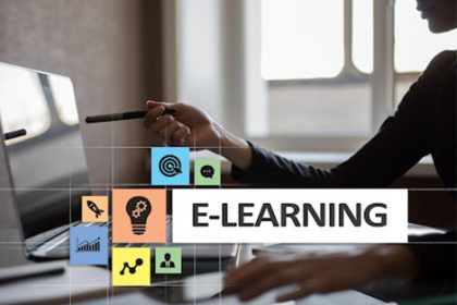 A person engages in e-learning on a laptop, showcasing modern vet training methods.