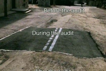A road shows deterioration before, during, and after an audit, illustrating continuous improvement in the vet sector.