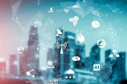 A digital network connects a futuristic city, representing technology in the vet sector.