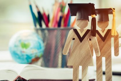 Graduation-themed wooden figures represent issuing qualifications to trainers and staff in the vet sector.