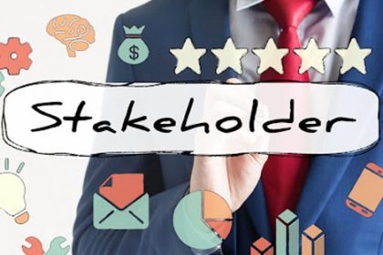 A business professional highlights 'Stakeholder' representing key relationships in the vet sector.